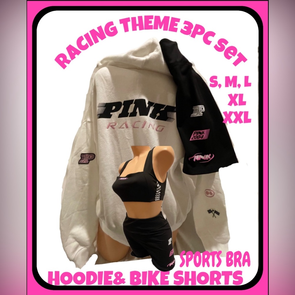 NEW VICTORIAS SECRET PINK 3PC SET ZIP HOODIE, SPORTS BRA & BIKE SHORTS RARE